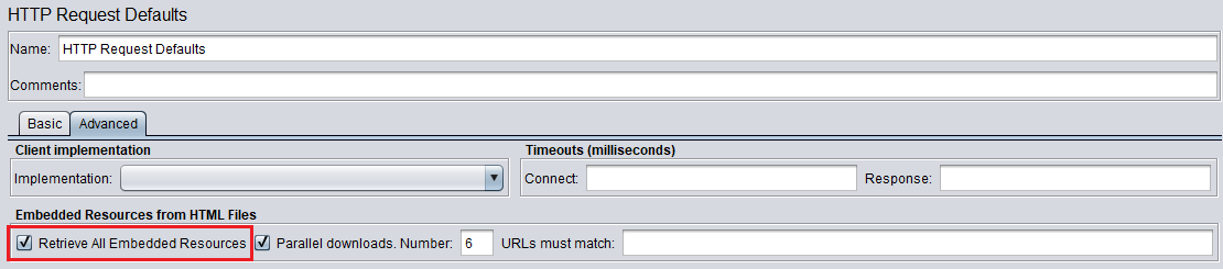 HTTP request settings as configured in JMeter - Note the Retrieve All Embedded Resources option